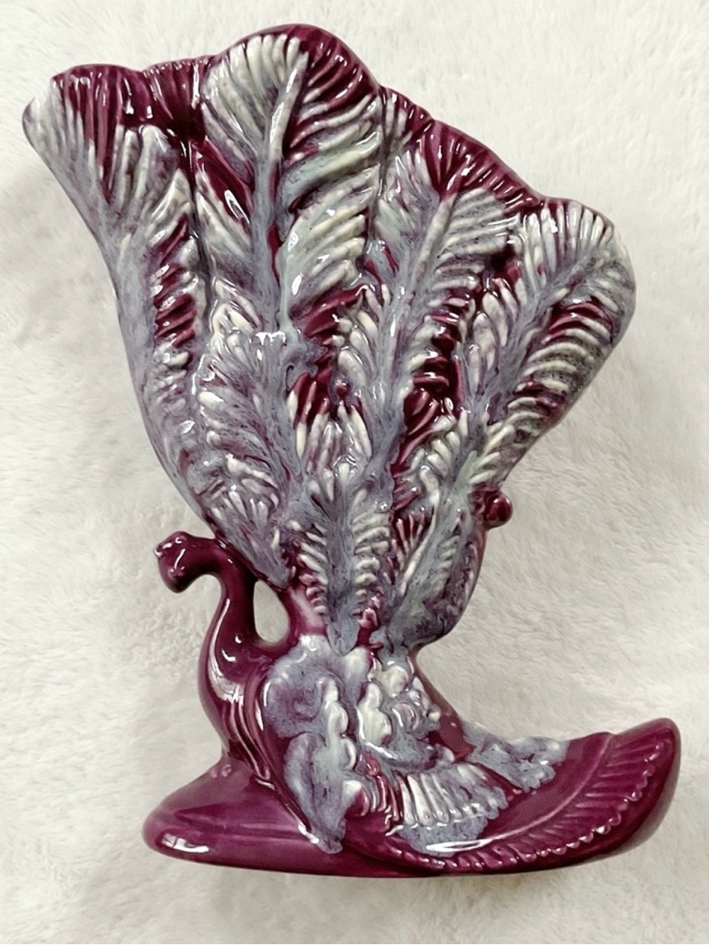Royal Haeger Peacock Fan Vase Burgundy Drip Glaze MCM Pottery USA As Is